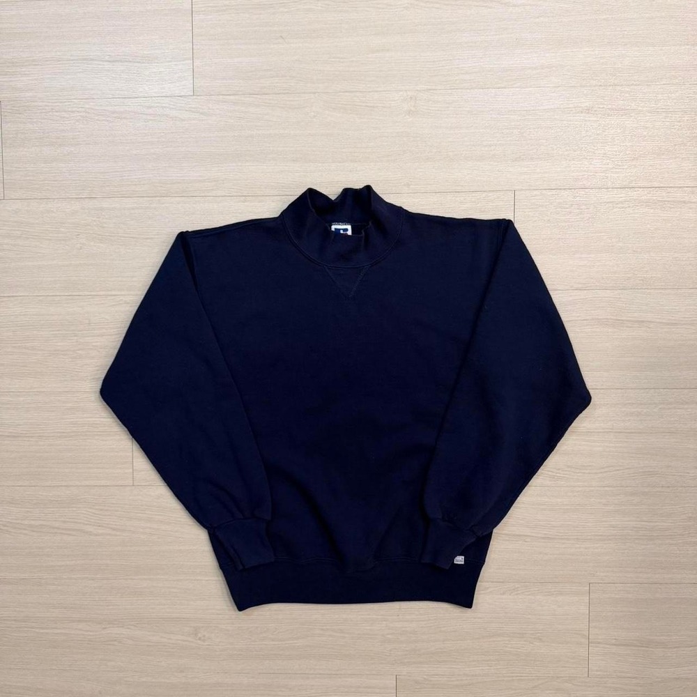 90's Russell Athletic Blank Blue Mock Neck Crewneck Sweatshirt Mens Size Medium
